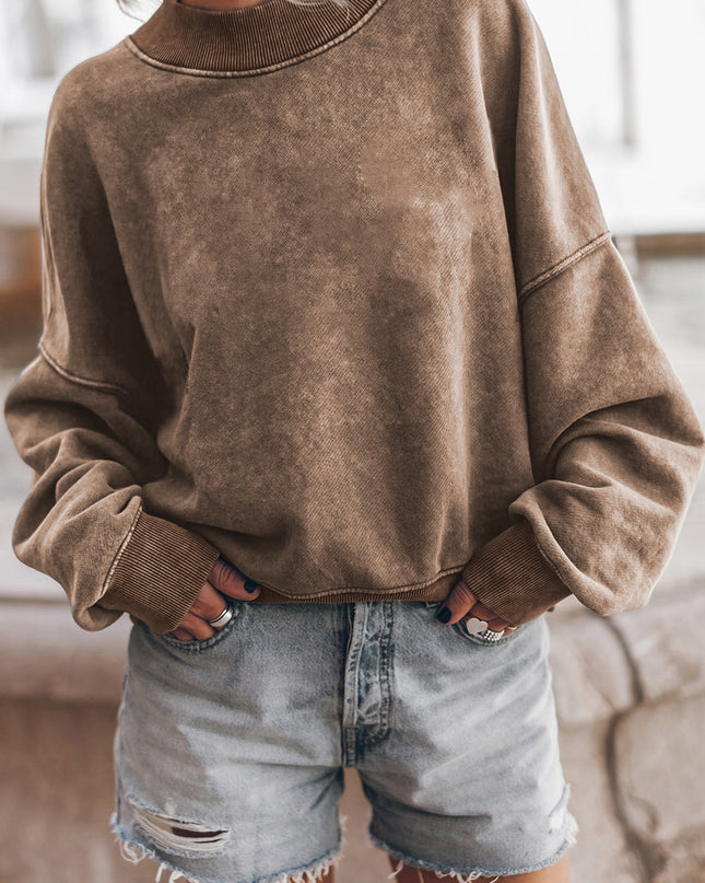 Brown Plain Drop Shoulder Crew Neck Pullover Sweatshirt - Sleekdenim.com