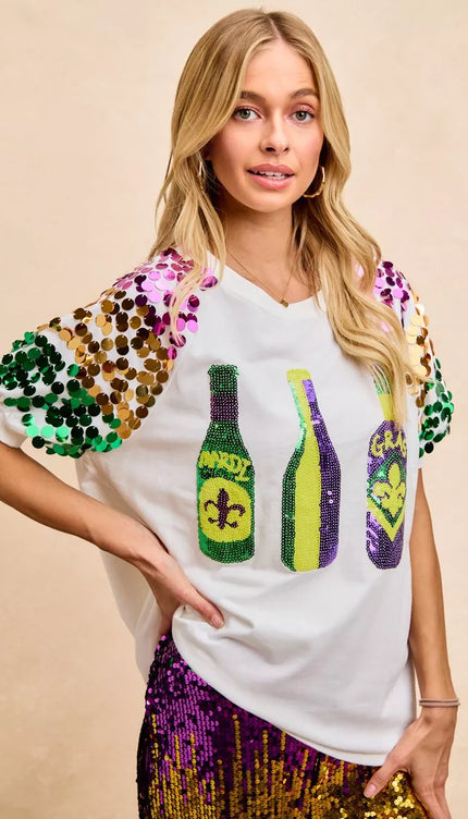 BiBi Sequin Mardi Gras Bottles Spangled Sleeve Top - 5