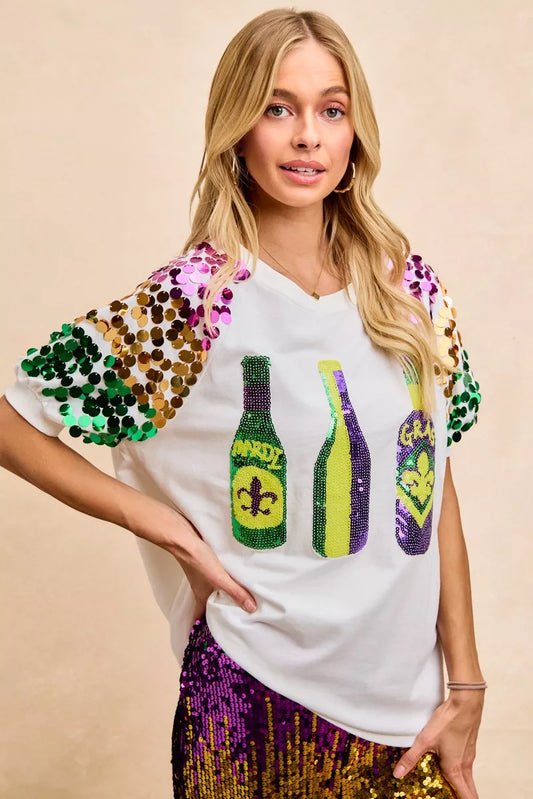 BiBi Sequin Mardi Gras Bottles Spangled Sleeve Top - 5