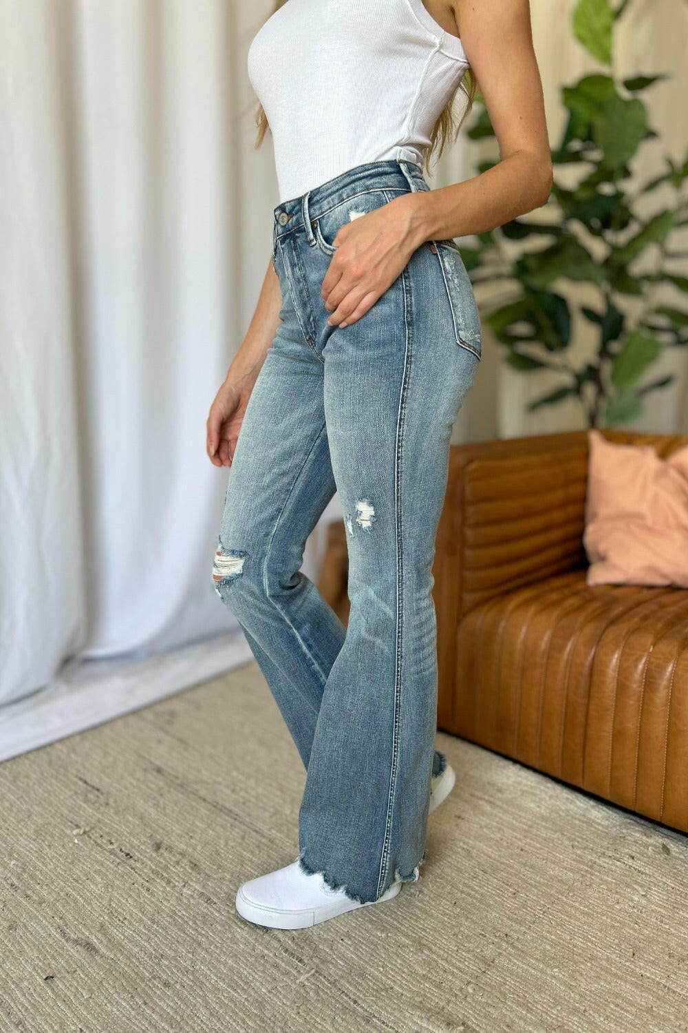 Judy Blue Full Size Medium Rise Tummy Control Destroy Flare | Sleekdenim.com