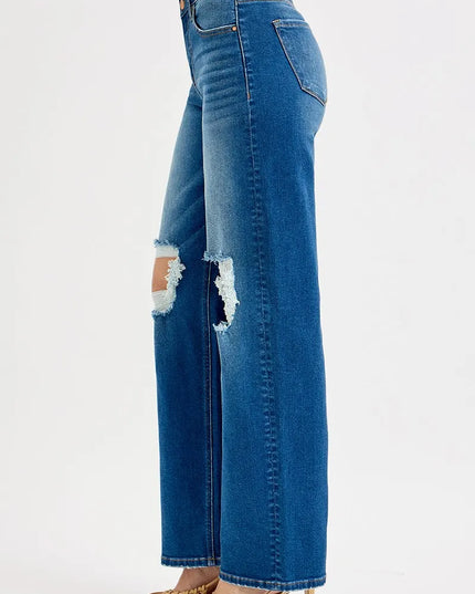 RISEN Full Size Mid Waist Fit Boyfriend Knee Distressed Jeans Plus Size - Sleekdenim.com