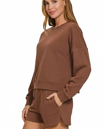 Zenana Fleece Long Sleeve Sweatshirts and Shorts Set - Sleekdenim.com