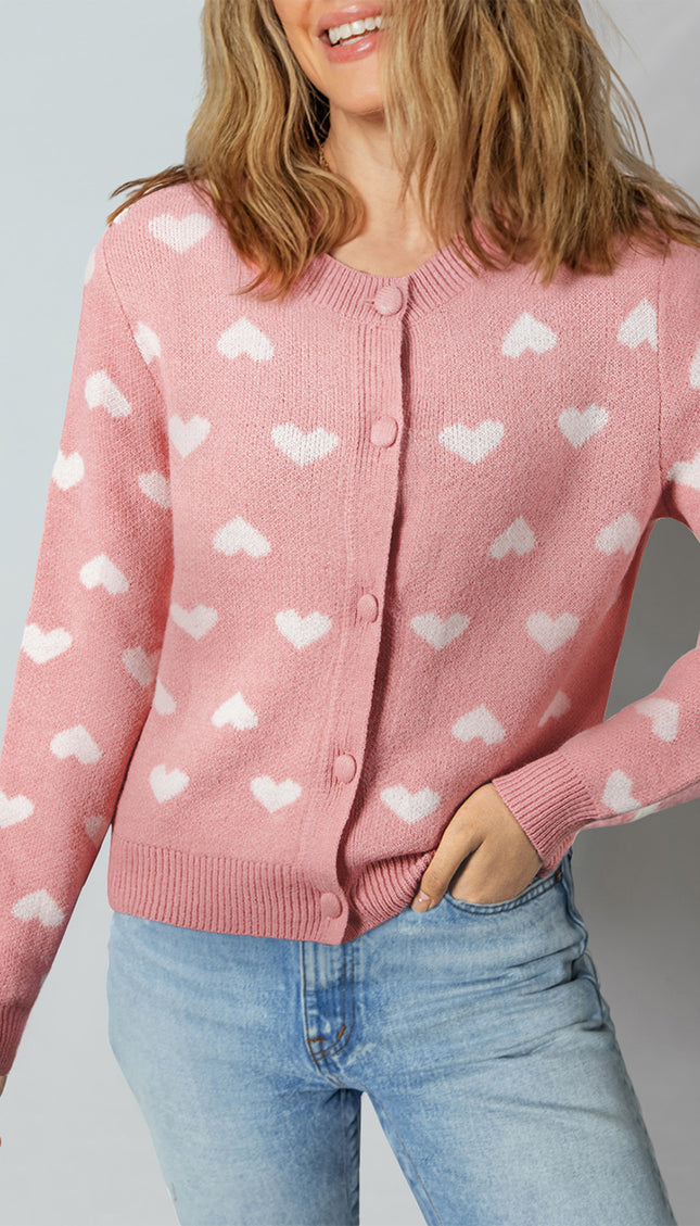 Light Pink Heart Pattern Button Front Cardigan Sweater - Sleekdenim.com