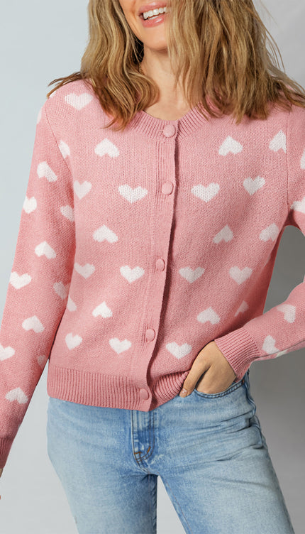 Light Pink Heart Pattern Button Front Cardigan Sweater - Sleekdenim.com