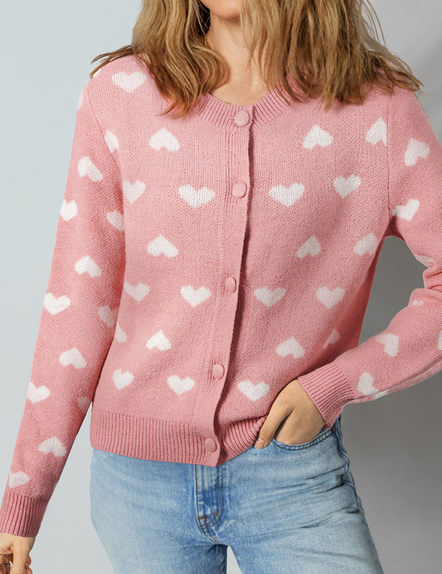 Light Pink Heart Pattern Button Front Cardigan Sweater - Sleekdenim.com