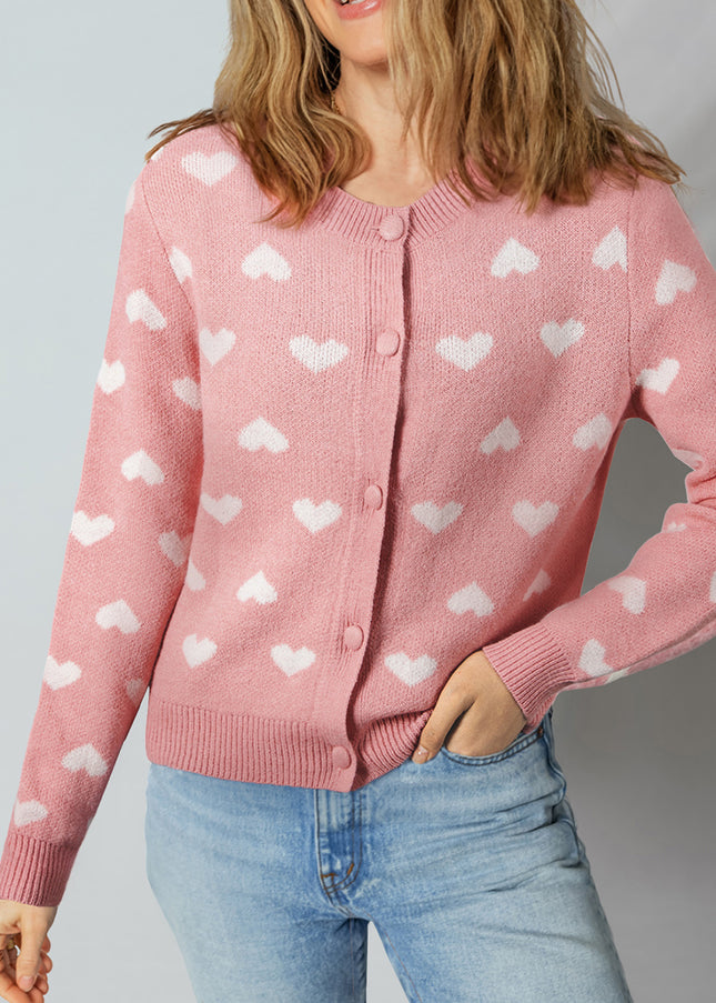 Light Pink Heart Pattern Button Front Cardigan Sweater - Sleekdenim.com
