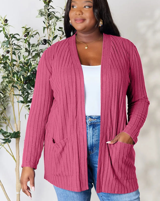 Basic Bae Full Size Ribbed Open Front Cardigan with Pockets - Sleekdenim.com