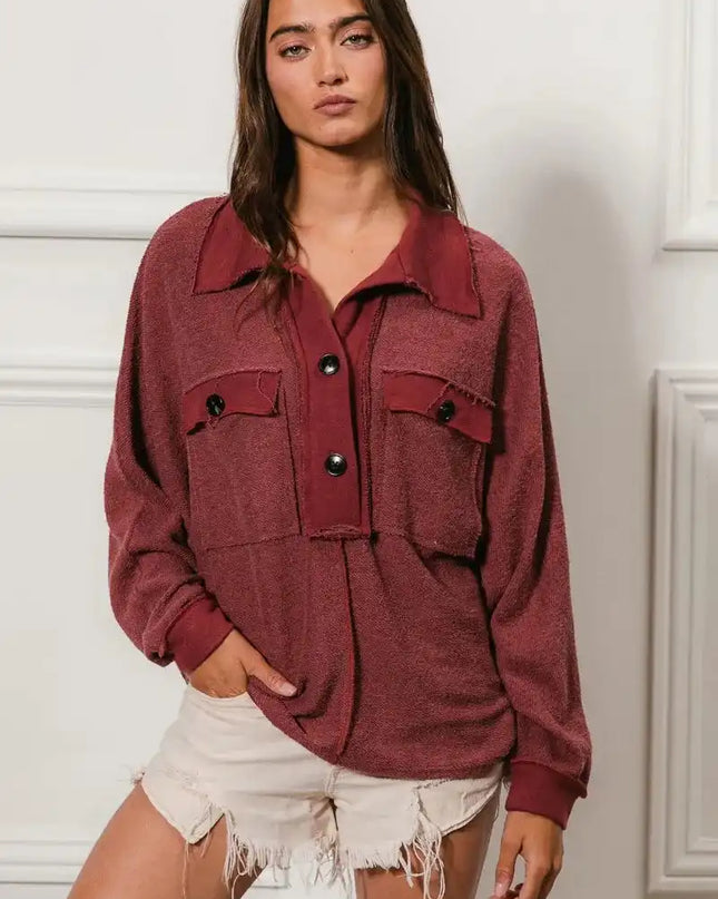 BiBi Cp French Terry Cut Edge Detail Collared Top - Sleekdenim.com