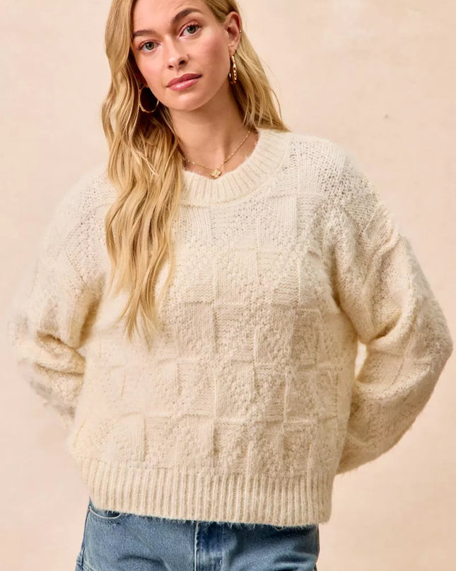 BiBi Checker Board Drop Shoulder Sweater - Sleekdenim.com