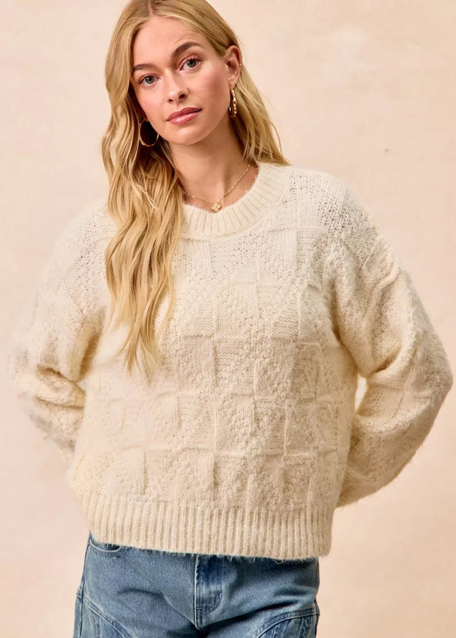 BiBi Checker Board Drop Shoulder Sweater - Sleekdenim.com