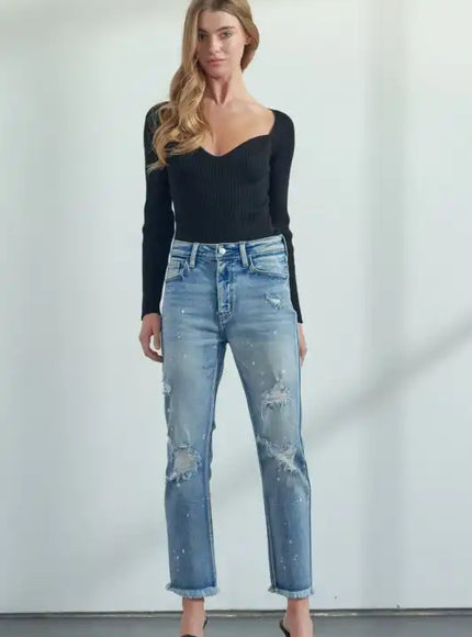 Artemis Vintage AT1050STM High Rise Distressed Straight Jeans - Sleekdenim.com