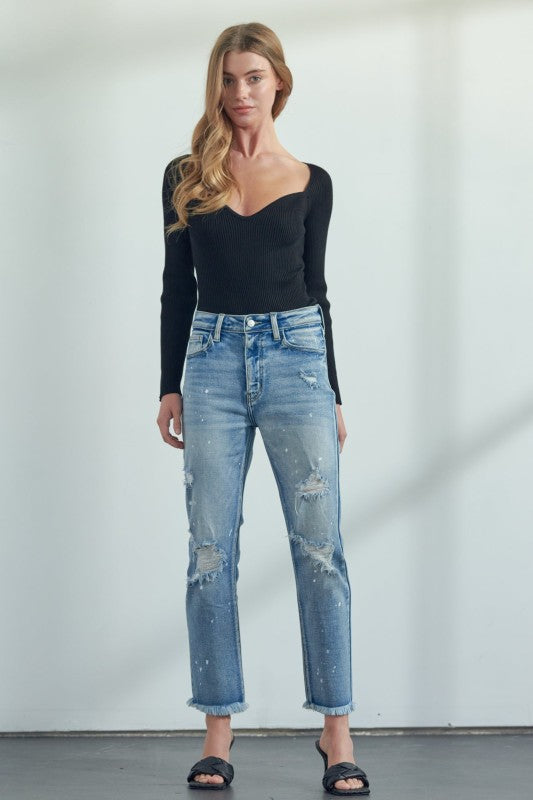 AT1050STM High Rise Distressed Straight Jeans - Sleekdenim.com