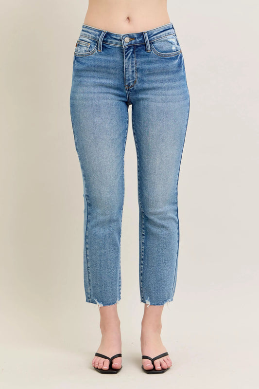 Judy Blue Mid Rise Vintage Wash Destroy Hem Kick Flare Jeans 88979