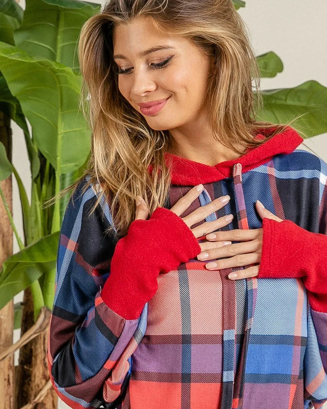 BiBi Plaid Mirr Brushed Rib Contrast Thumb Open Hoodie - Sleekdenim.com