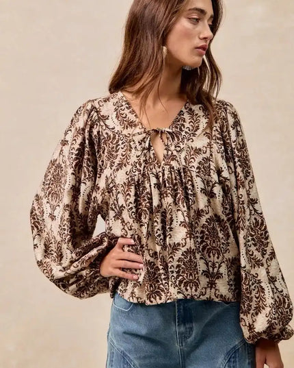 BiBi Printed Woven Front Tied Blouse with Baloon Sleeve - Sleekdenim.com