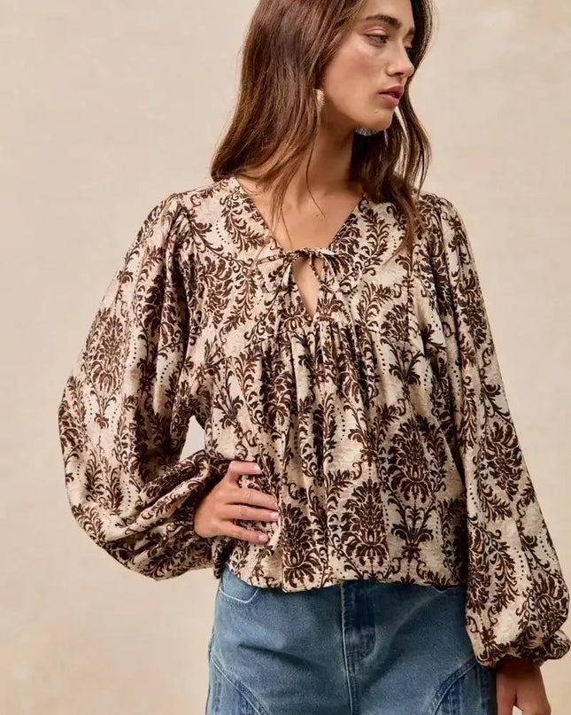 BiBi Printed Woven Front Tied Blouse with Baloon Sleeve - Sleekdenim.com