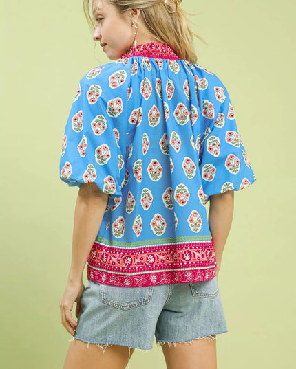 Umgee Boho Border Print Peasant Top - Sleekdenim.com