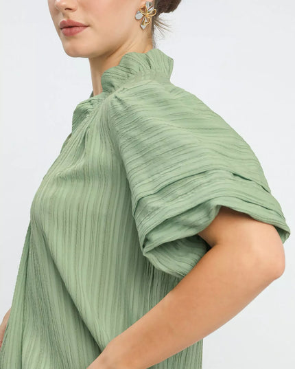 Umgee Seersucker Bubble Sleeve V-Neck Blouse - Sleekdenim.com