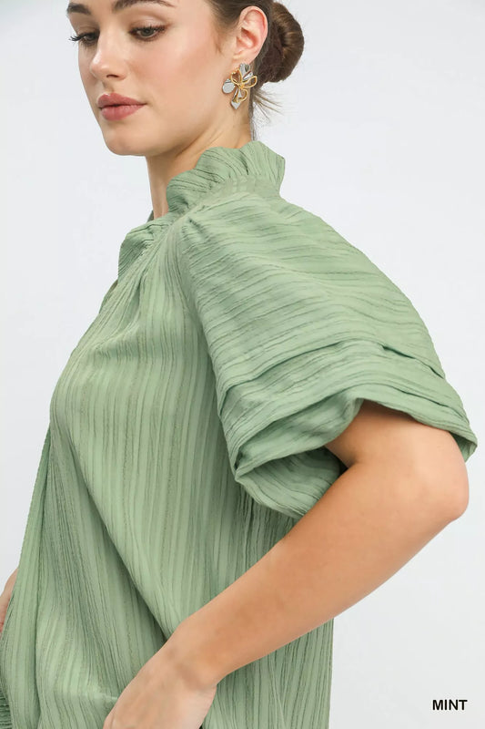 Umgee Seersucker Bubble Sleeve V-Neck Blouse - Sleekdenim.com