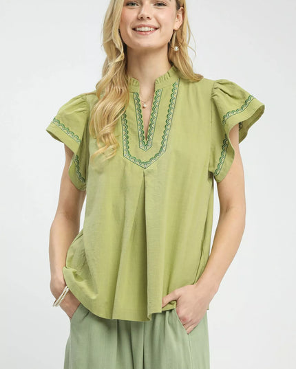 Umgee Embroidered Flutter Sleeve Blouse - Sleekdenim.com