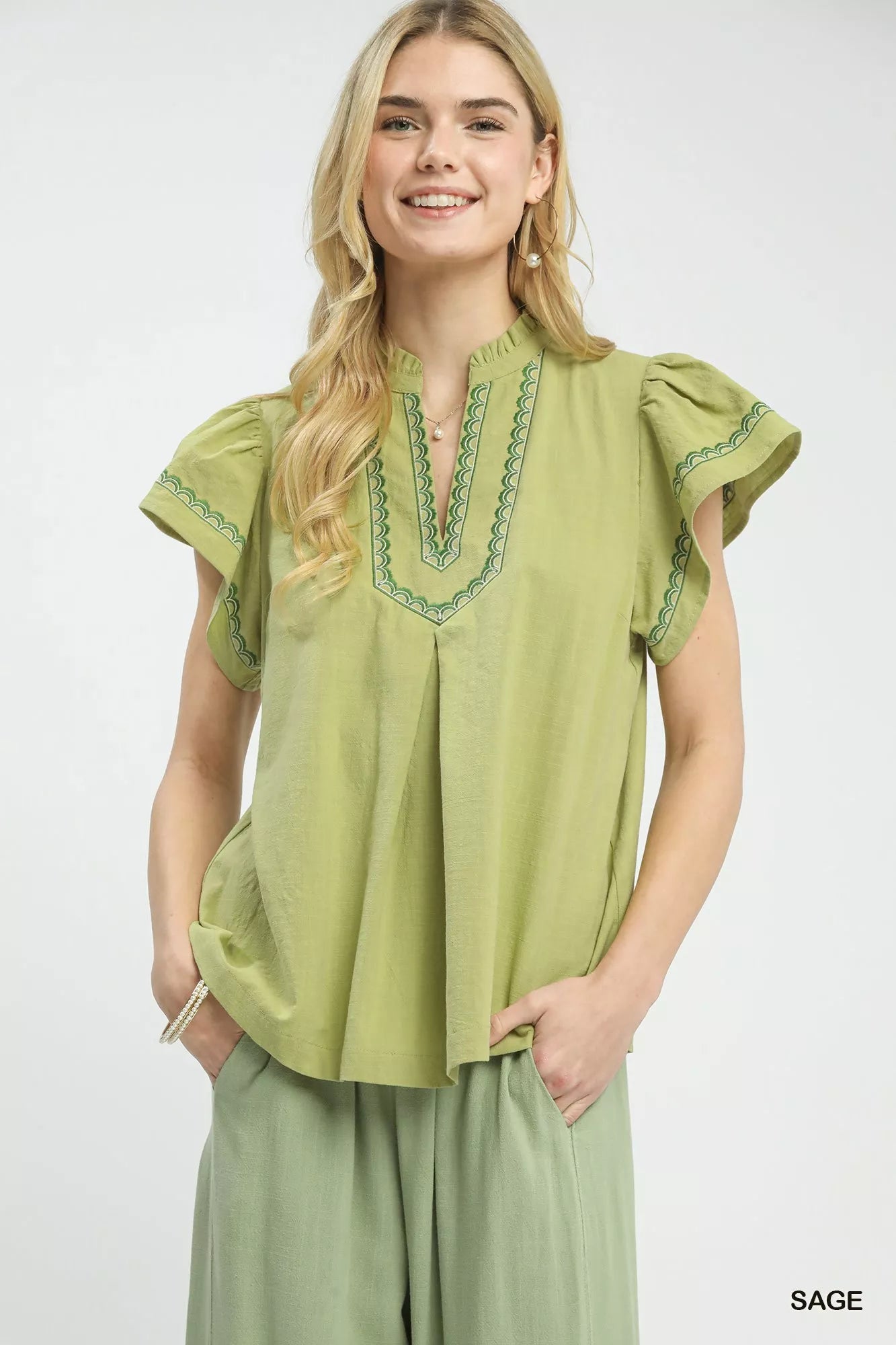 Umgee Embroidered Flutter Sleeve Blouse - Sleekdenim.com