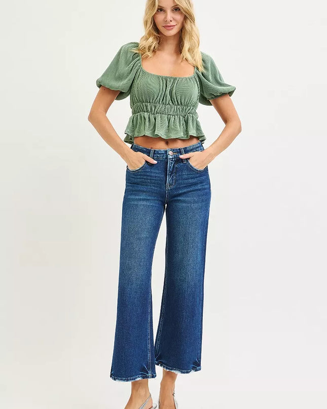 RISEN Tummy Control 4 Way Stretch High Rise Crop Wide Leg Jeans - Sleekdenim.com