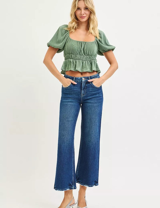 RISEN Tummy Control 4 Way Stretch High Rise Crop Wide Leg Jeans PWC21483 - Sleekdenim.com