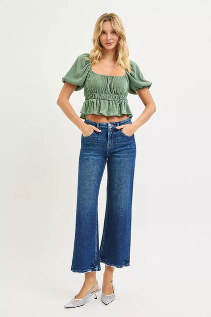 RISEN Tummy Control 4 Way Stretch High Rise Crop Wide Leg Jeans PWC21483 - Sleekdenim.com