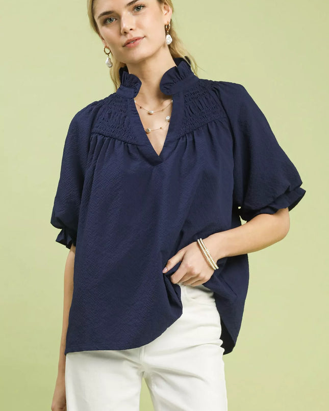 Umgee Textured Smocked Yoke Split-Neck Top - Sleekdenim.com