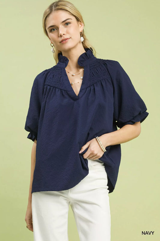 Umgee Textured Smocked Yoke Split-Neck Top - Sleekdenim.com
