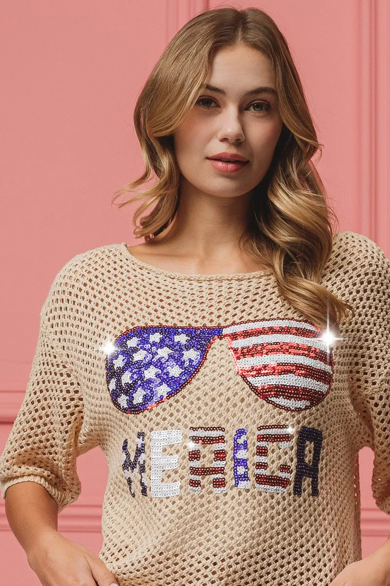 BiBi Sequin American Flag Sunglasses Knit Cover Up