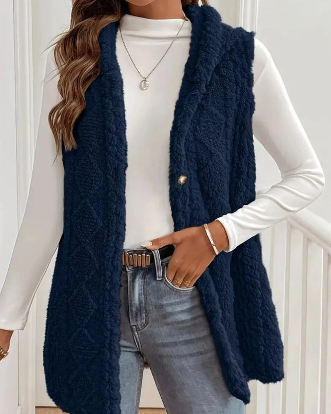 Hooded Button-Up Sherpa Vest Coat - Sleekdenim.com