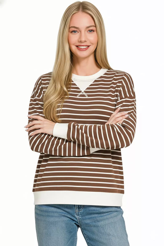 Zenana Contrast Striped Round Neck Sweatshirt - Sleekdenim.com