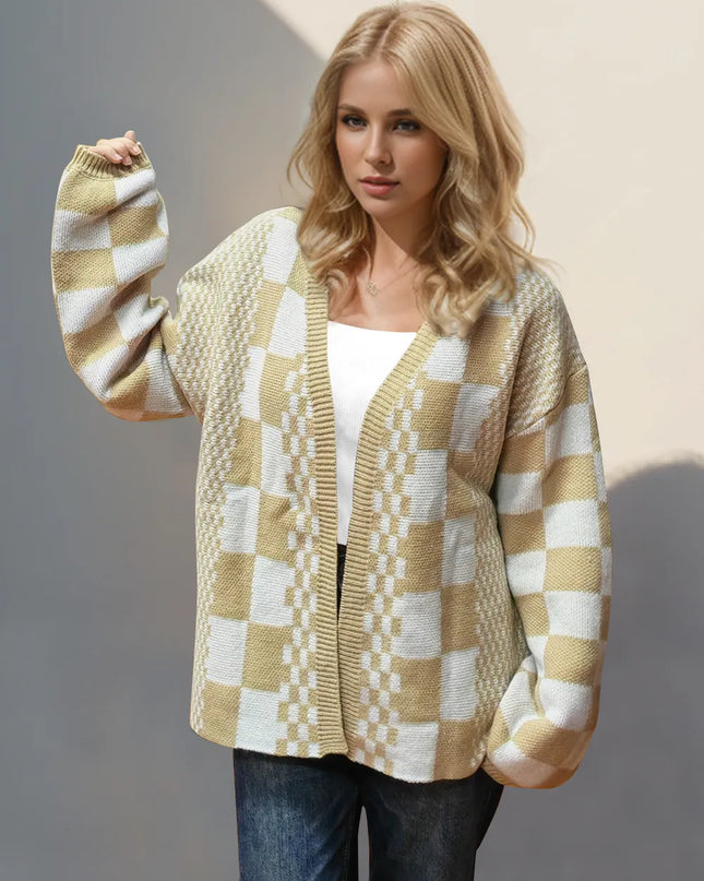 Double Take Checkered Open Front Dropped Shoulder Cardigan - Sleekdenim.com