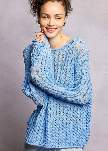 POL Openwork Round Neck Knit Top with Shiny Detail - Sleekdenim.com