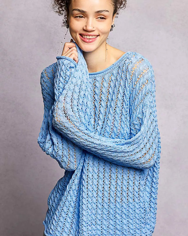 POL Openwork Round Neck Knit Top with Shiny Detail - Sleekdenim.com