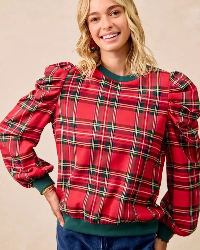 BiBi Christmas Plaid Exaggerated Shoulder Sleeves Top - Sleekdenim.com