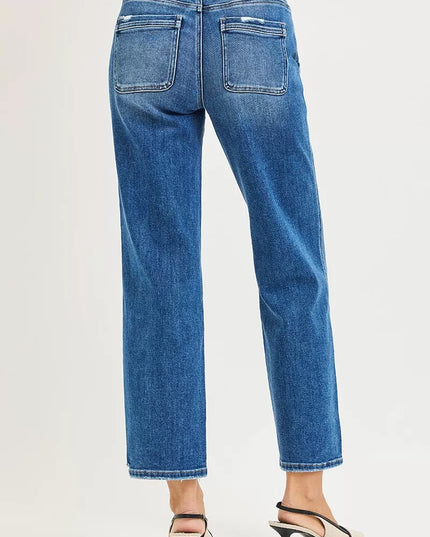 RISEN High Rise Ankle Straight Distressed Hem Detail Jeans - Sleekdenim.com