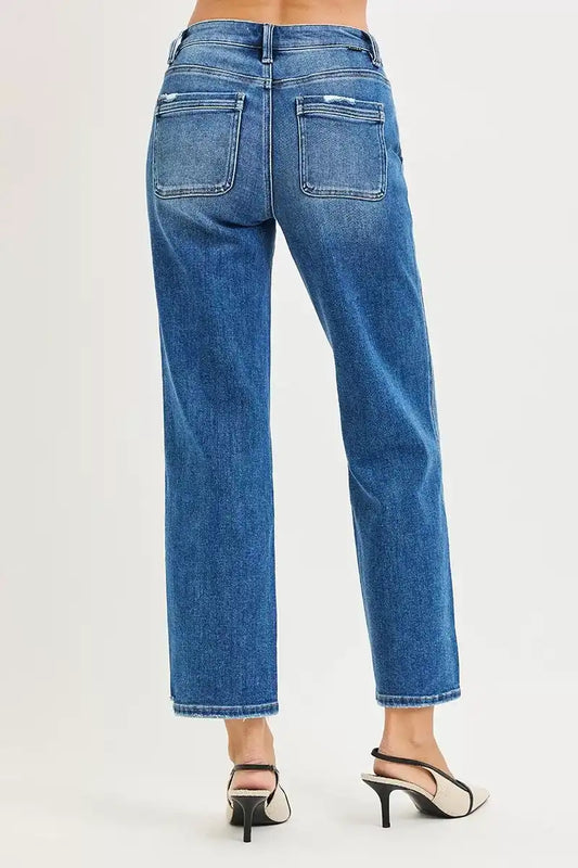 RISEN High Rise Ankle Straight Distressed Hem Detail Jeans - Sleekdenim.com
