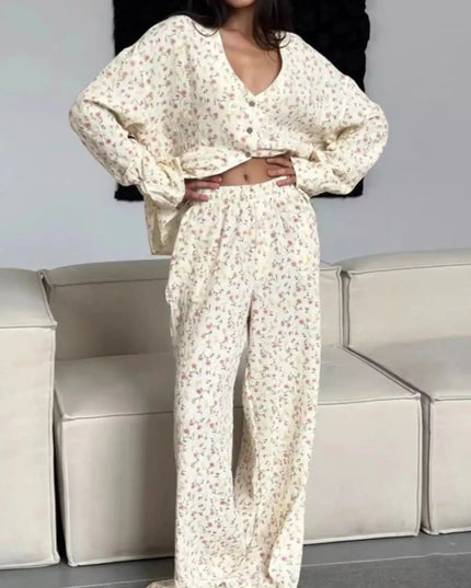 Floral Print Button-Down Top and Pants Lounge Set - Sleekdenim.com