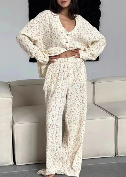 Floral Print Button-Down Top and Pants Lounge Set - Sleekdenim.com