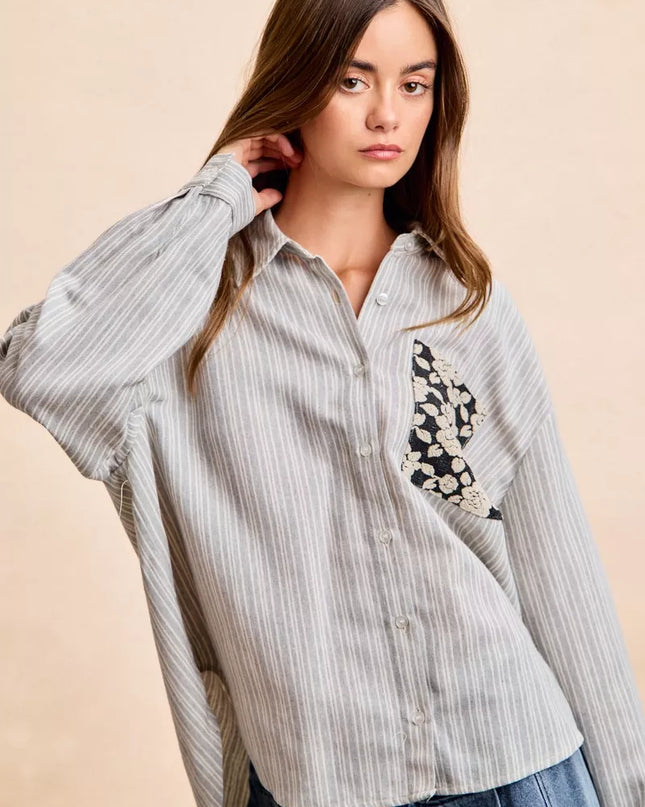 BiBi Flower Jacquard Knit Patch Pocket Stripe Shirt - Sleekdenim.com