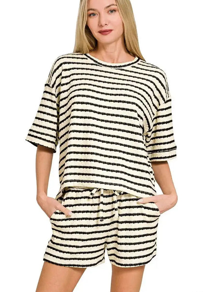 Zenana Striped Short Sleeve Tee & Shorts Set - Sleekdenim.com
