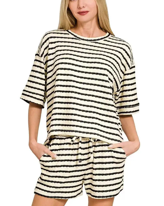 Zenana Striped Short Sleeve Tee & Shorts Set - Sleekdenim.com