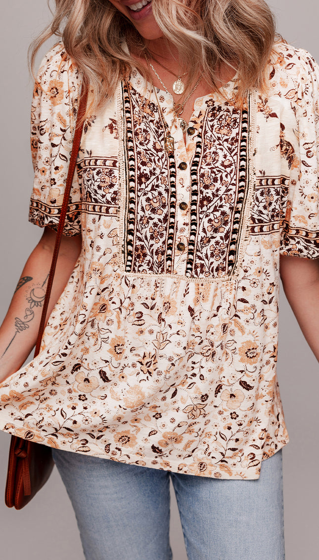Khaki Boho Floral Print Half Placket Short Sleeve Loose Blouse - Sleekdenim.com
