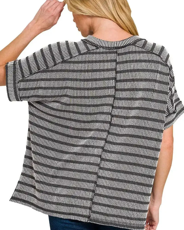 Zenana Raised Rib Striped Exposed Seam Top - Sleekdenim.com