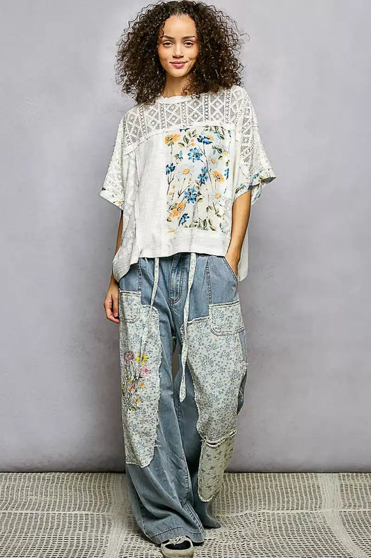 POL Floral Patchwork Lace Accent Blouse - Sleekdenim.com