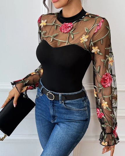 Floral Embroidered Mesh Long Sleeve Bodysuit - Sleekdenim.com