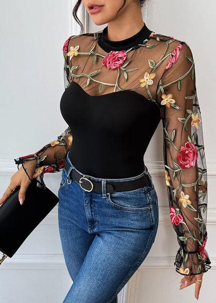 Floral Embroidered Mesh Long Sleeve Bodysuit - Sleekdenim.com