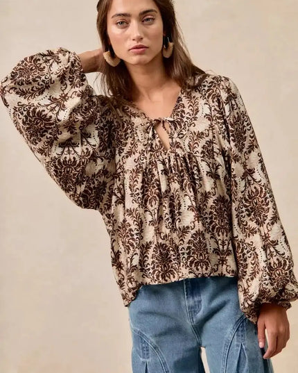 BiBi Printed Woven Front Tied Blouse with Baloon Sleeve - Sleekdenim.com